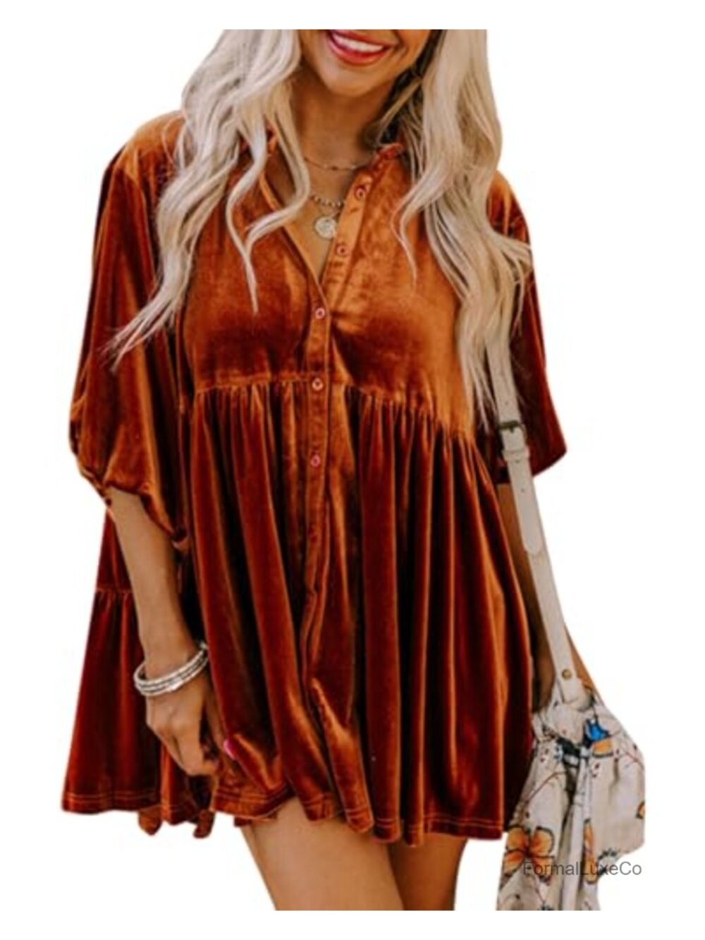 Velvet Button Down Babydoll Tunic Mini Dress 3/4 Sleeve Collared